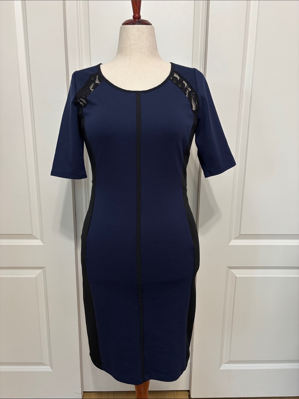 Fitted Navy and Black Sheath Dress with Lace Detail
